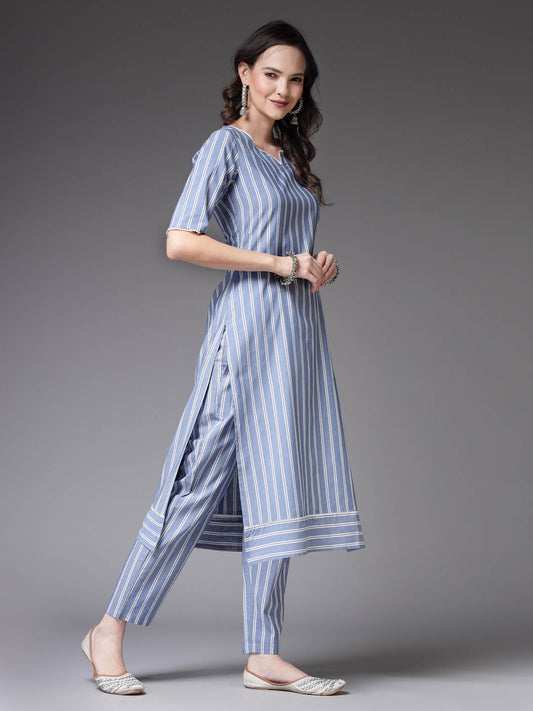 Blue Striped Cotton Blend Straight Kurta Pant Set