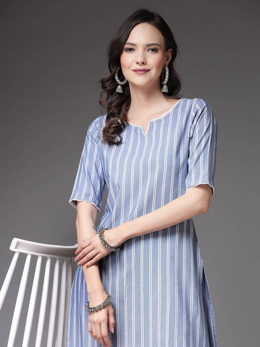 Blue Striped Cotton Blend Straight Kurta Pant Set