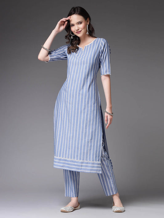 Blue Striped Cotton Blend Straight Kurta Pant Set