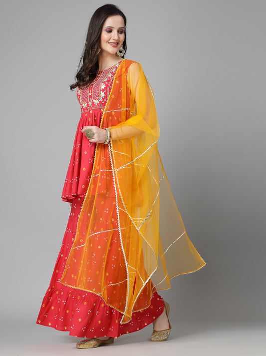Stylum Women's Printed & Embroidered Rayon Kurta Sharara Dupatta Set (KSDCORALHEXA)