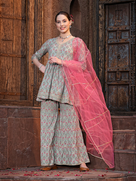 Stylum Women's Floral Printed Rayon Kurta Sharara Dupatta Set (KSDGREENMOGRA)