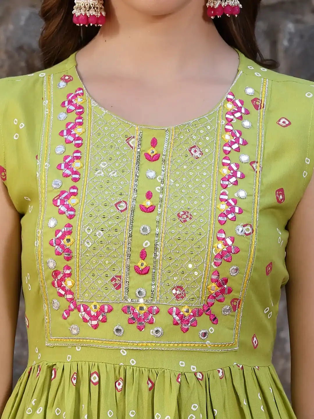 Stylum Women's Bandhej Printed & Embroidered Rayon Kurti Sharara Dupatta Set (KSDHEXAGREEN)