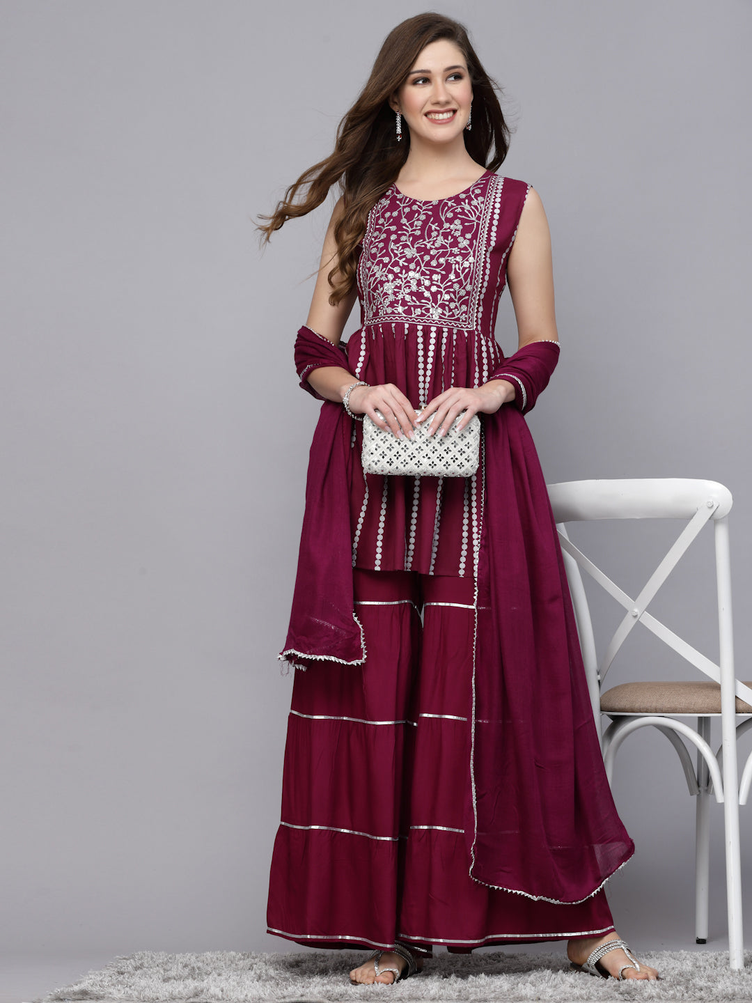 Embroidered Rayon Short kurta sharara dupatta set