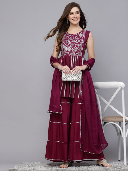Embroidered Rayon Short kurta sharara dupatta set
