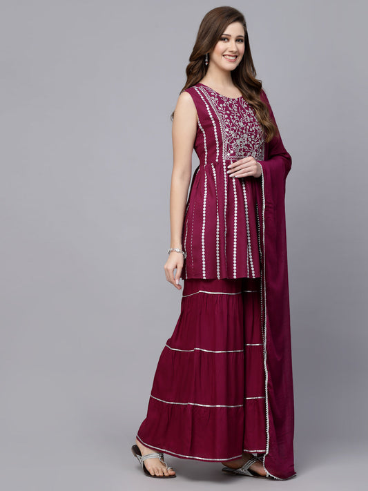 Stylum Women's Printed & Embroidered Rayon Short kurta sharara dupatta set (KSDMARTINI)
