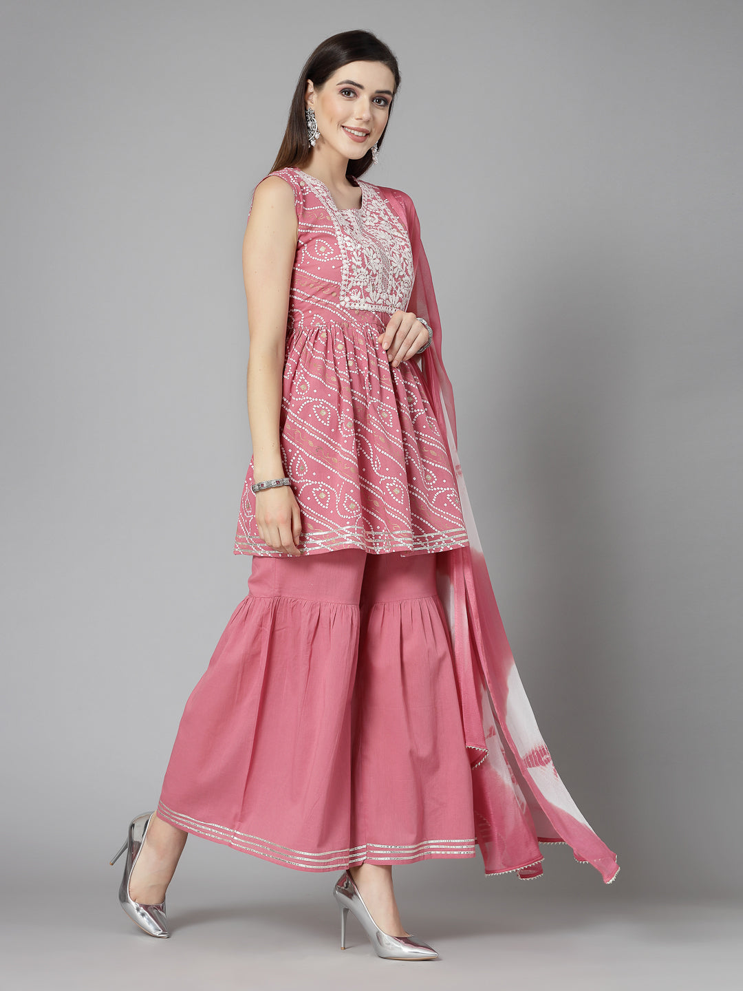 Stylum Women's Bandhej Printed & Embroidered Cotton Kurta Sharara Dupatta Set (KSDMORJIM)