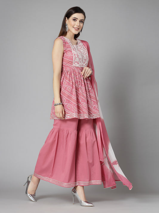 Stylum Women's Bandhej Printed & Embroidered Cotton Kurta Sharara Dupatta Set (KSDMORJIM)