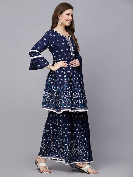 Stylum Women's Printed Rayon Short Kurta with Sharara & Dupatta (KSDNITYA)