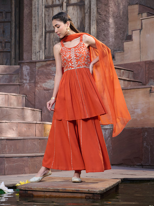 Stylum Women's Orange Solid & Embrpodered Rayon Short Kurti Sharara Dupatta Set (KSDORANGESOLO)