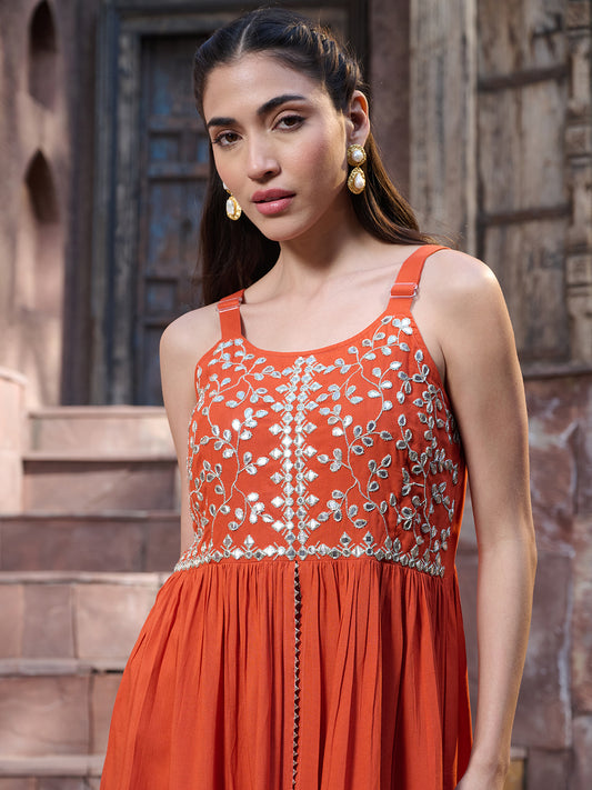 Stylum Women's Orange Solid & Embrpodered Rayon Short Kurti Sharara Dupatta Set (KSDORANGESOLO)