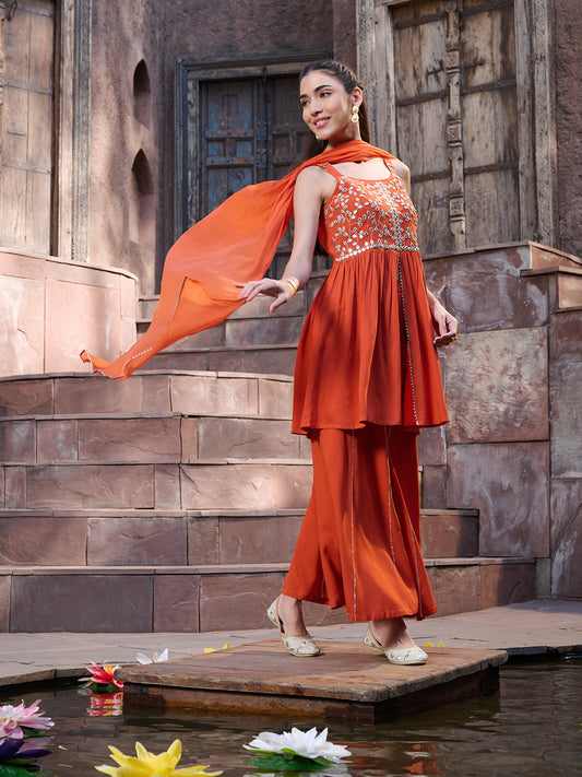 Stylum Women's Orange Solid & Embrpodered Rayon Short Kurti Sharara Dupatta Set (KSDORANGESOLO)