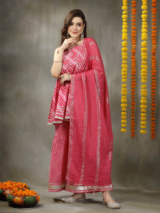 Stylum Women's Lehariya Printed & Embroidered Cotton Kurta Sharara Dupatta Set (KSDPINKYUKTI)