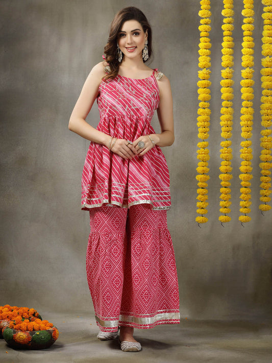 Stylum Women's Lehariya Printed & Embroidered Cotton Kurta Sharara Dupatta Set (KSDPINKYUKTI)