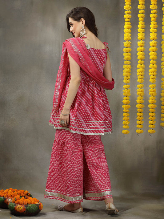 Stylum Women's Lehariya Printed & Embroidered Cotton Kurta Sharara Dupatta Set (KSDPINKYUKTI)