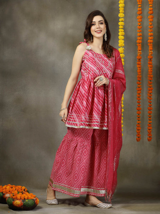 Stylum Women's Lehariya Printed & Embroidered Cotton Kurta Sharara Dupatta Set (KSDPINKYUKTI)