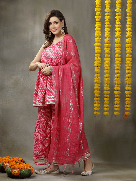 Stylum Women's Lehariya Printed & Embroidered Cotton Kurta Sharara Dupatta Set (KSDPINKYUKTI)