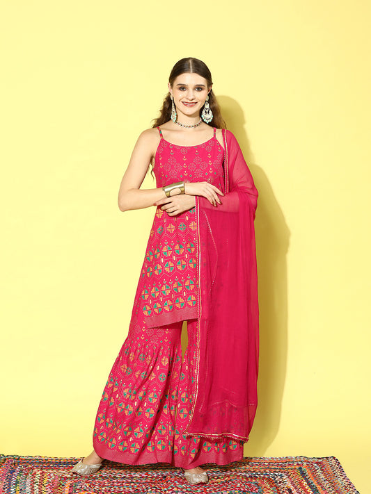 Stylum Women's Printed Rayon Short Kurta Sharara Dupatta Set (KSDTABBU)