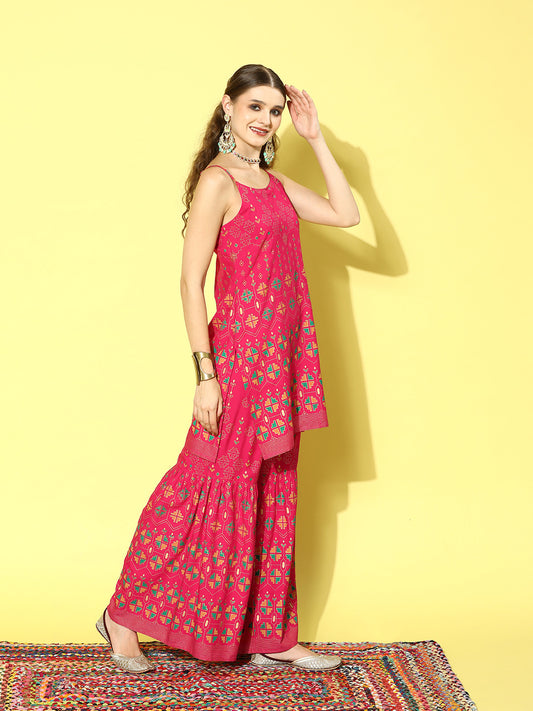 Stylum Women's Printed Rayon Short Kurta Sharara Dupatta Set (KSDTABBU)