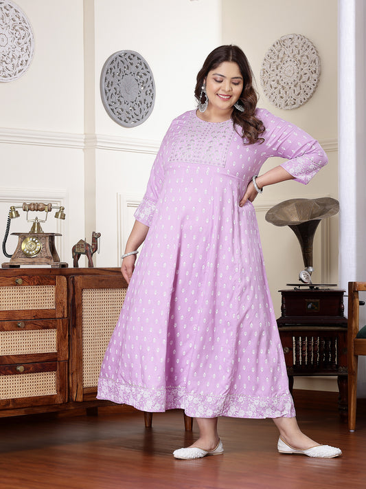 Plus Size Women's Purple Printed & Embroidered Rayon Anarkali Kurta (LAVENDERDIONPLUS)
