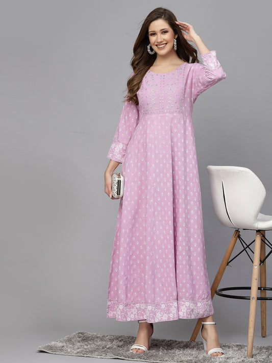 Stylum Women's Green Printed & Embroidered Rayon Anarkali Kurta (LAVENDERDION)