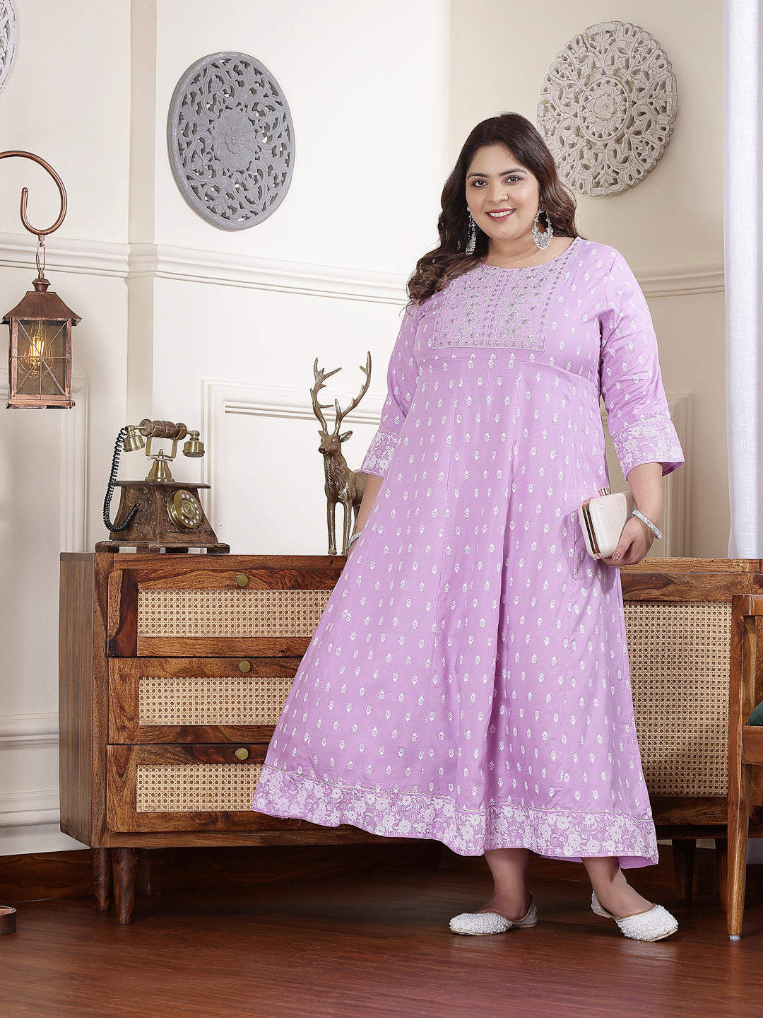 Plus Size Women's Purple Printed & Embroidered Rayon Anarkali Kurta (LAVENDERDIONPLUS)