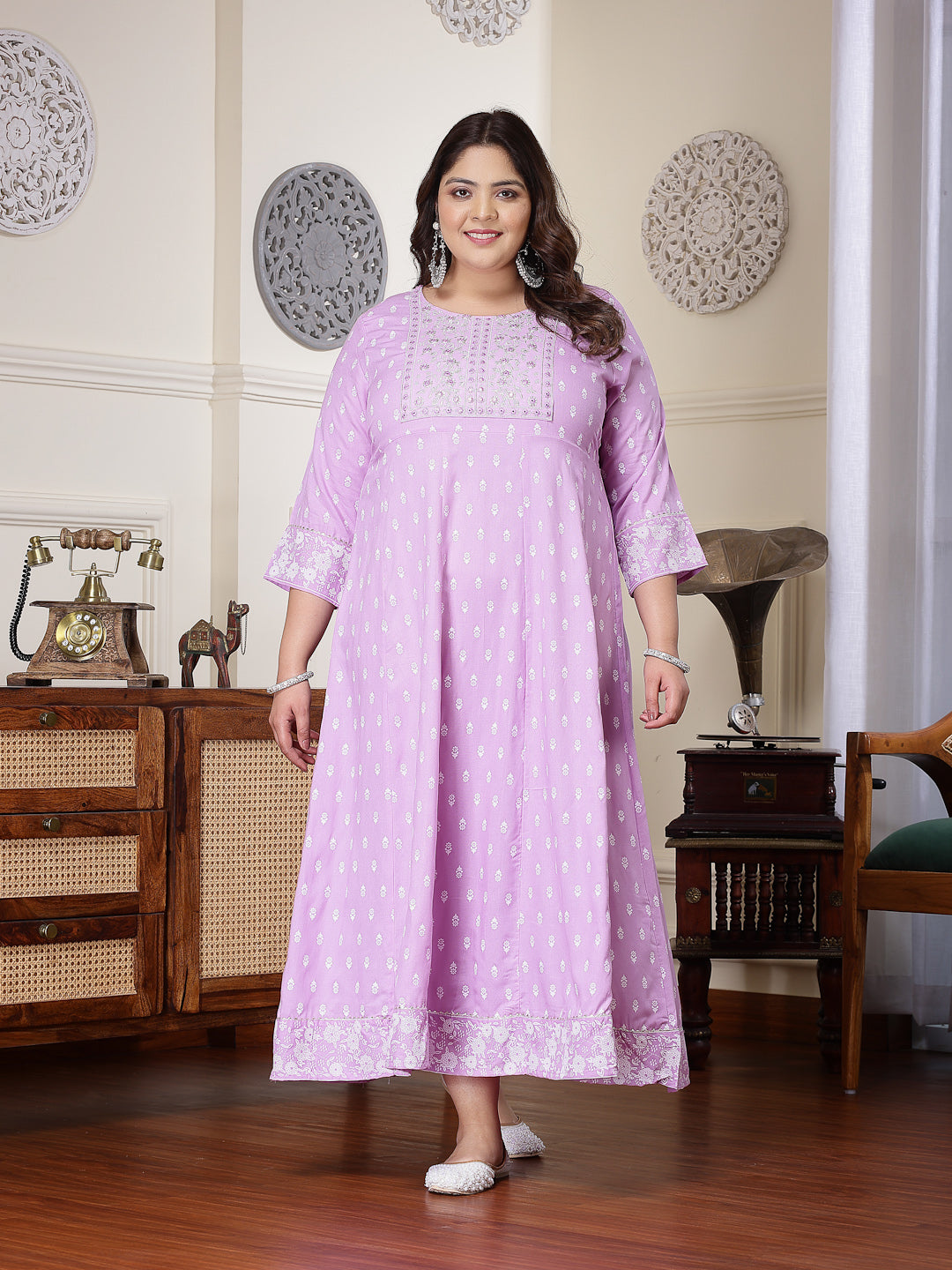 Plus Size Women's Purple Printed & Embroidered Rayon Anarkali Kurta (LAVENDERDIONPLUS)