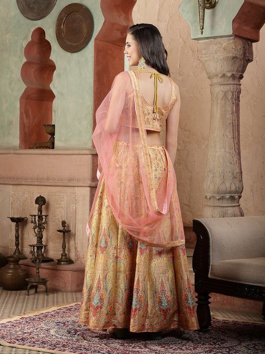 Stylum Women's Floral Printed Silk Blend Lehenga Dupatta with Blouse (LEHMUSTARDDONUT)