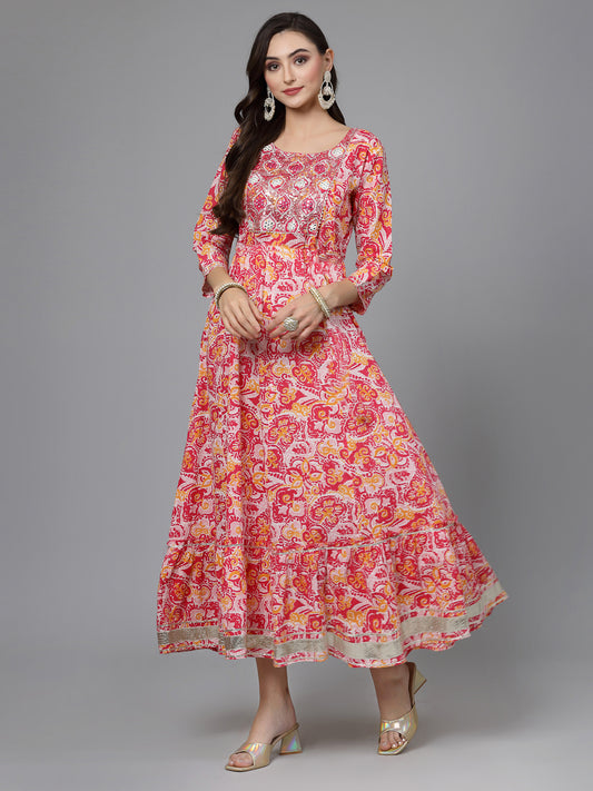 Stylum Women's Printed & Embroidered Cotton Tiered Dress Kurta (LISA)