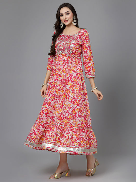 Stylum Women's Printed & Embroidered Cotton Tiered Dress Kurta (LISA)