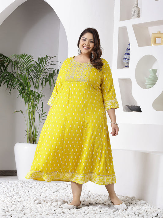 Plus Size Women Mustard Embroidered Long Kurta (MUSTRDDIONPLUS)