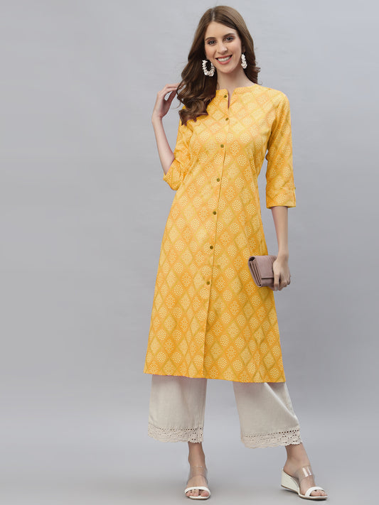 Stylum Women's Bandhani Printed Cotton Blend Straight Kurta (MUSTARDKESAR)