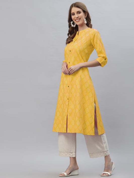Stylum Women's Bandhani Printed Cotton Blend Straight Kurta (MUSTARDKESAR)