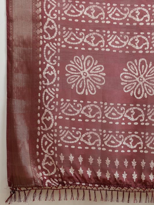Stylum Women's Batik Print Cotton Blend Saree (Mauvedaabu)