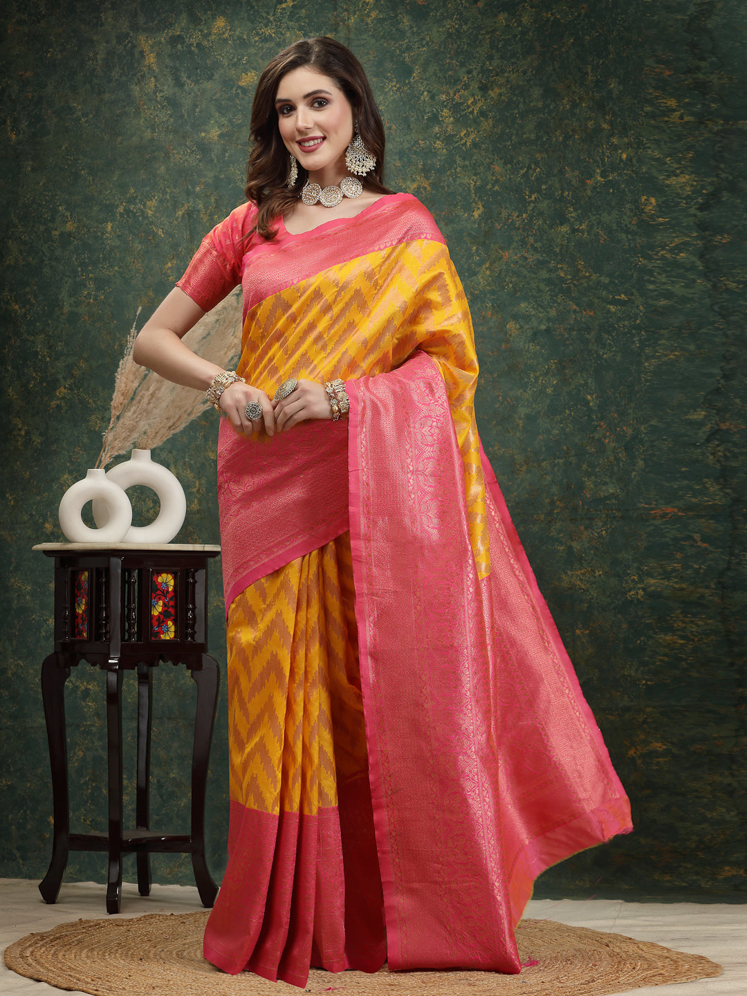 Stylum Women's Woven Design Zari Pure Silk Banarasi Saree (Mustardzara)