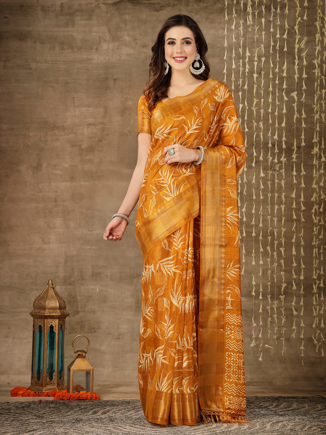 Stylum Women's Paisley Print Cotton Blend Saree (Mustpetal)