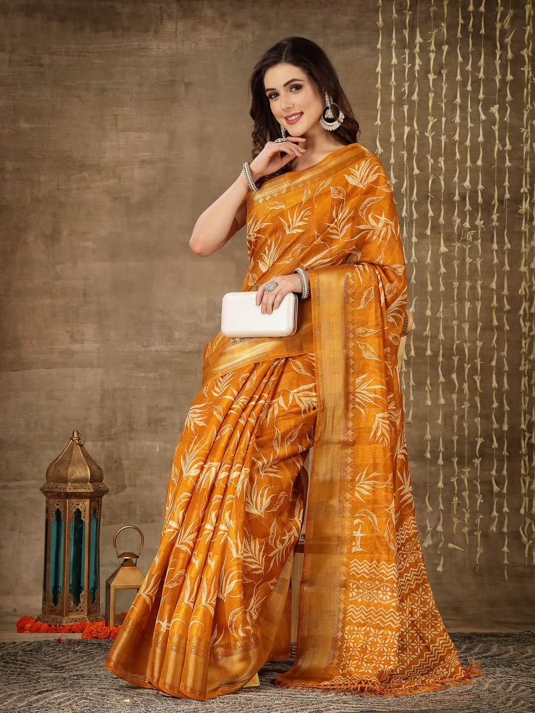Stylum Women's Paisley Print Cotton Blend Saree (Mustpetal)