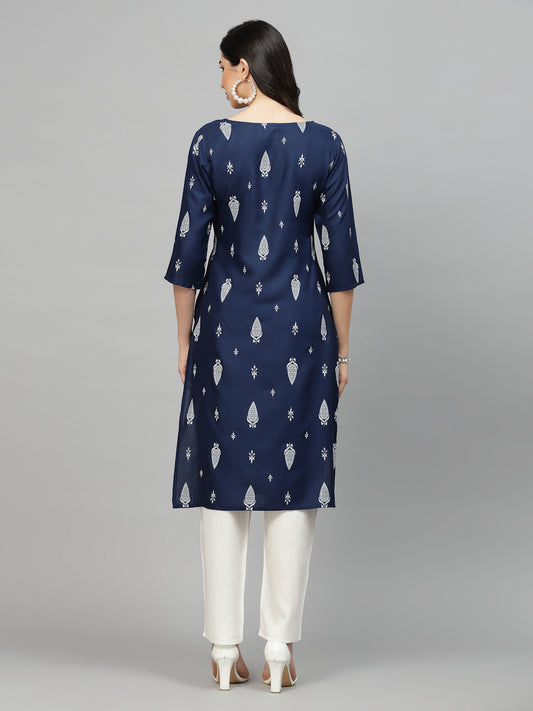 Stylum Women's Printed Rayon Straight Kurta (NAVYTILAK)