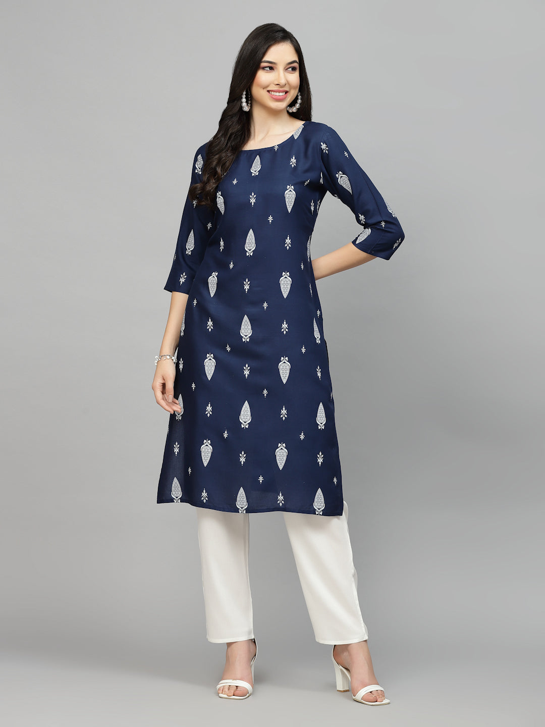 Stylum Women's Printed Rayon Straight Kurta (NAVYTILAK)