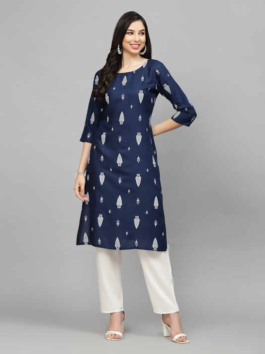 Stylum Women's Printed Rayon Straight Kurta (NAVYTILAK)