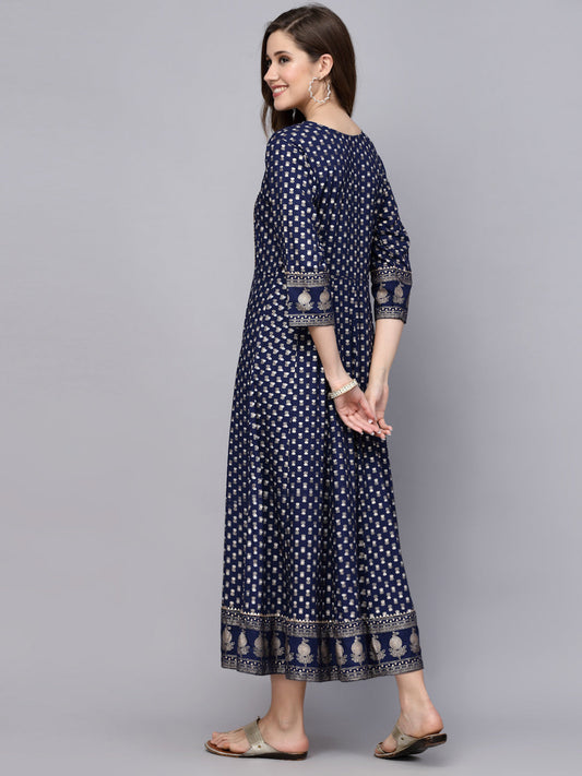 Stylum Women's Gold Printed Rayon Anarkali Kurta (NAVYVISTARA)