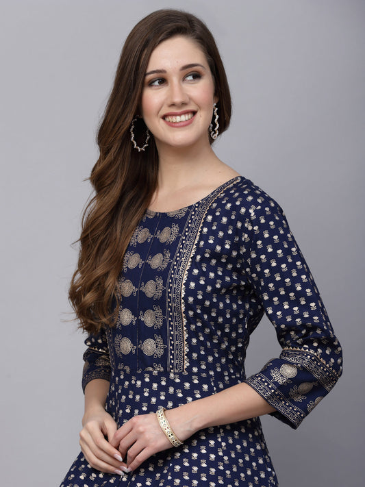 Stylum Women's Gold Printed Rayon Anarkali Kurta (NAVYVISTARA)