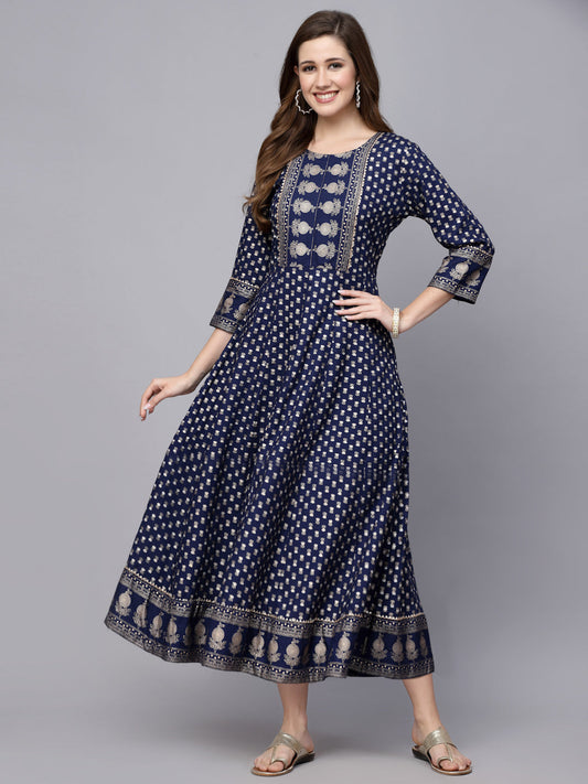 Stylum Women's Gold Printed Rayon Anarkali Kurta (NAVYVISTARA)