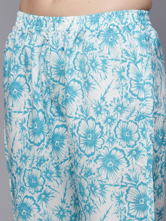 Blue Floral Printed Rayon Night Suit