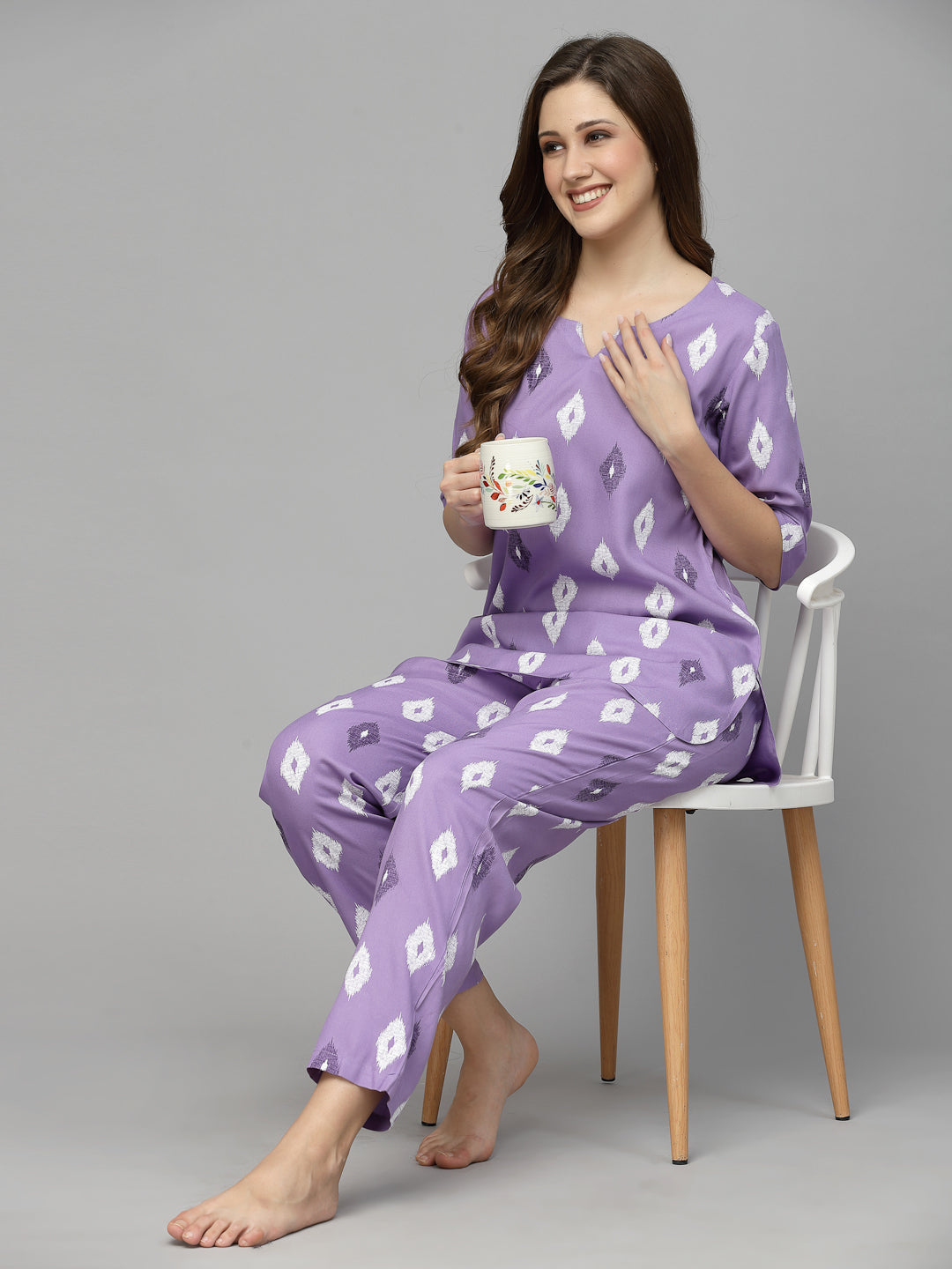 Stylum Women's Ikat Print Rayon Night Suit Set (NIST004PURPLE)