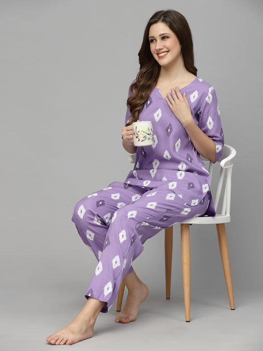 Stylum Women's Ikat Print Rayon Night Suit Set (NIST004PURPLE)