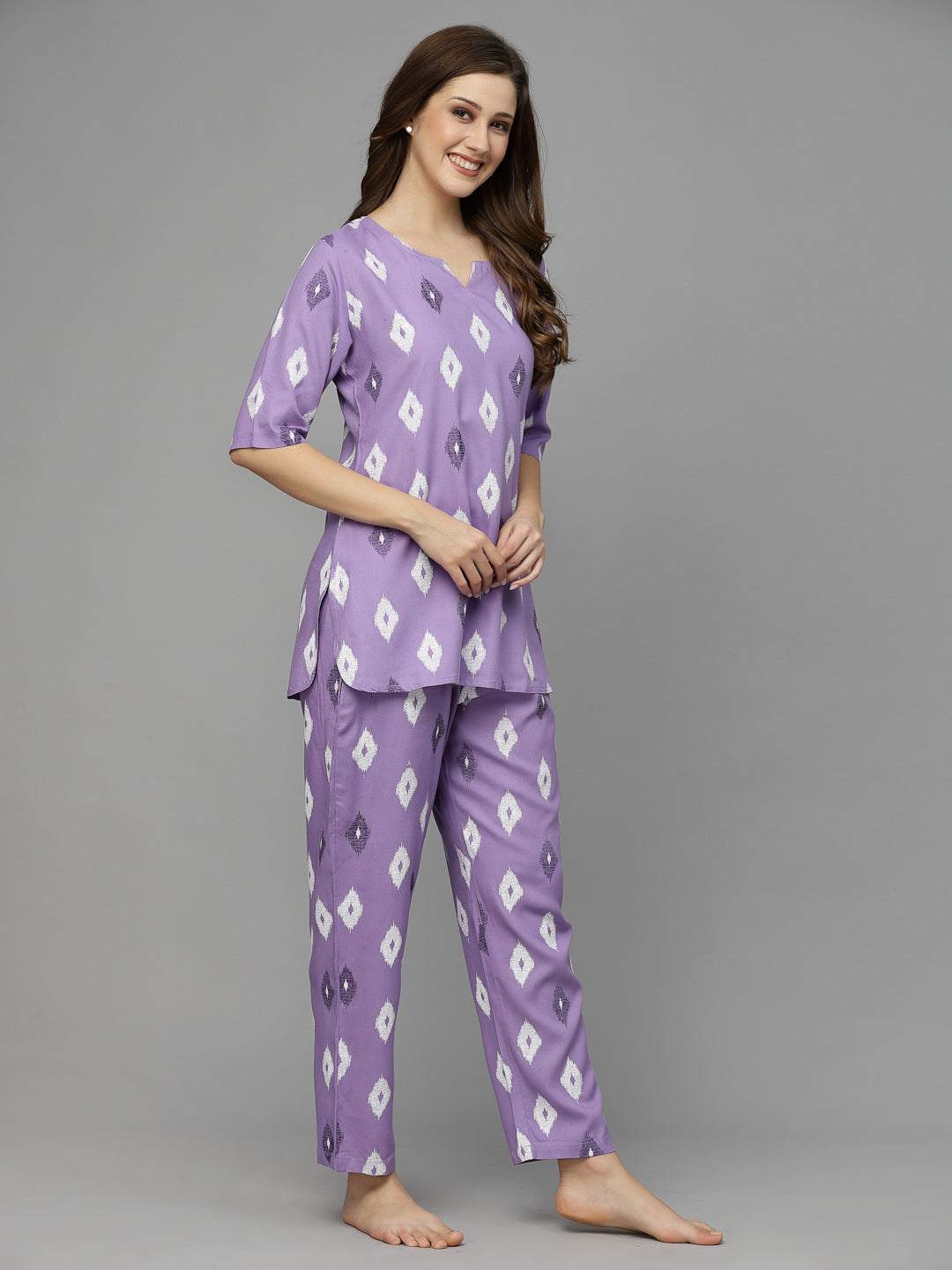 Stylum Women's Ikat Print Rayon Night Suit Set (NIST004PURPLE)