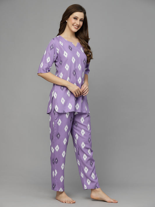 Stylum Women's Ikat Print Rayon Night Suit Set (NIST004PURPLE)