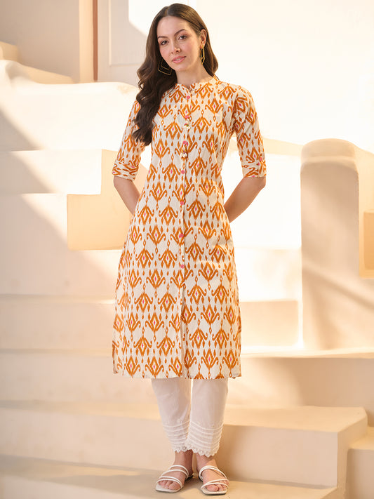 Stylum Women's Orange Ikat Printed Cotton A-Line Kurta (ORANGECHEEMA)