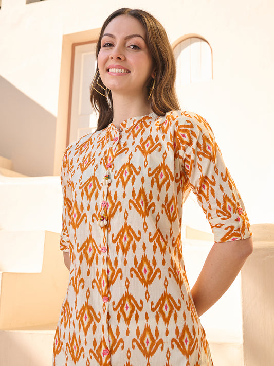 Stylum Women's Orange Ikat Printed Cotton A-Line Kurta (ORANGECHEEMA)