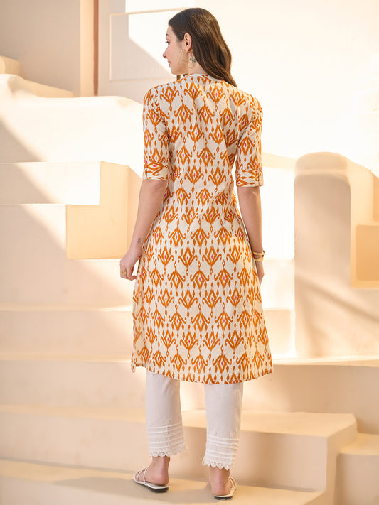 Stylum Women's Orange Ikat Printed Cotton A-Line Kurta (ORANGECHEEMA)